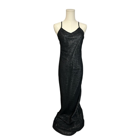 Vintage Y2K Poleci Black Slip Dress Sequin Detail Maxi Glam Grunge Revival - Picture 1 of 11